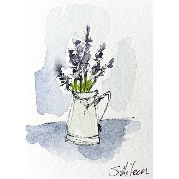 Other - ACEO Painting Watercolor Ink Lavender Purple Flower in Vase Botanical III Signed